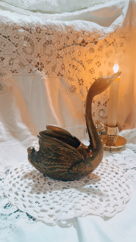 Vintage Brass Swan Planter | Mid Century Hollywood Regency Decor