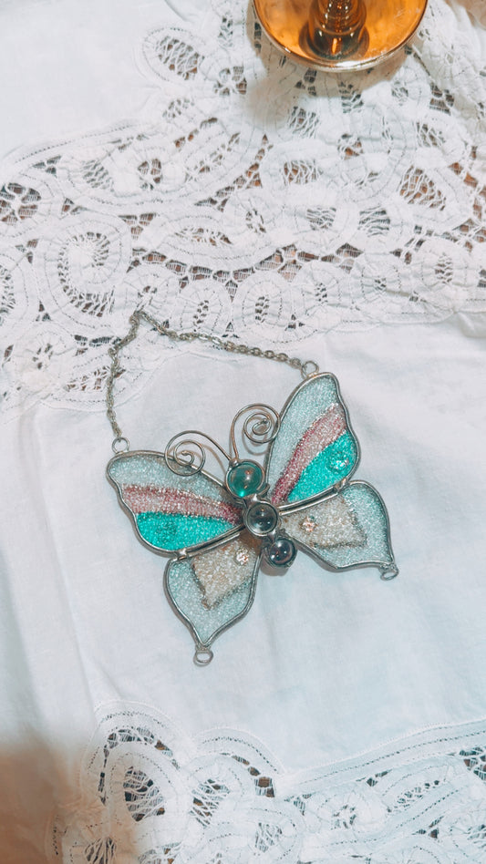 Vintage Stained Glass Butterfly Wall Hanging | Iridescent Teal Pink Glass Butterfly Sun Catcher Decor