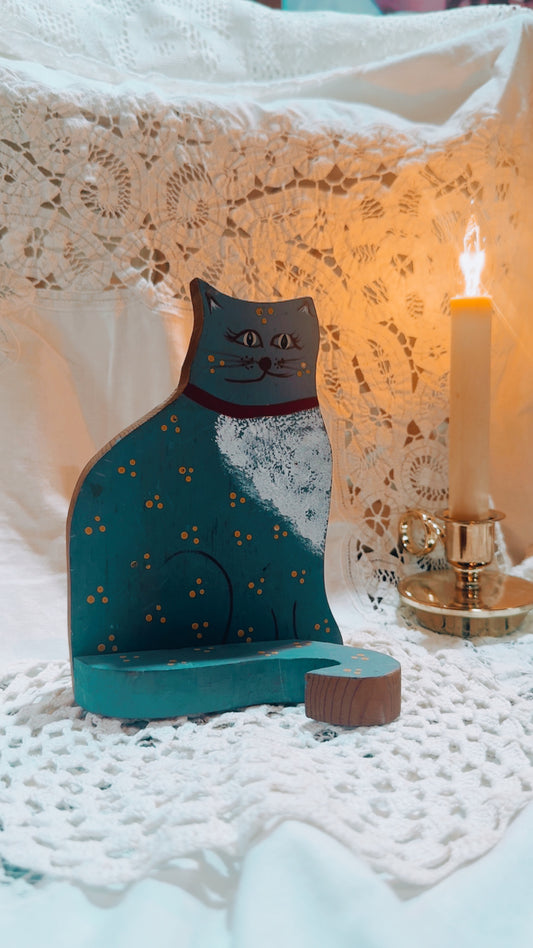 Vintage Wooden Cat Figurine 7” Tall | Hand Painted Folk Art Kitty | Rustic Country / Primitive Cat Decor