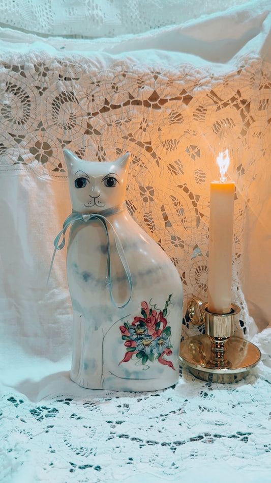 Vintage Ceramic Cat Figurine | Hand Painted Floral Kitty Decor | Cottagecore / Shabby Chic Cat Statue