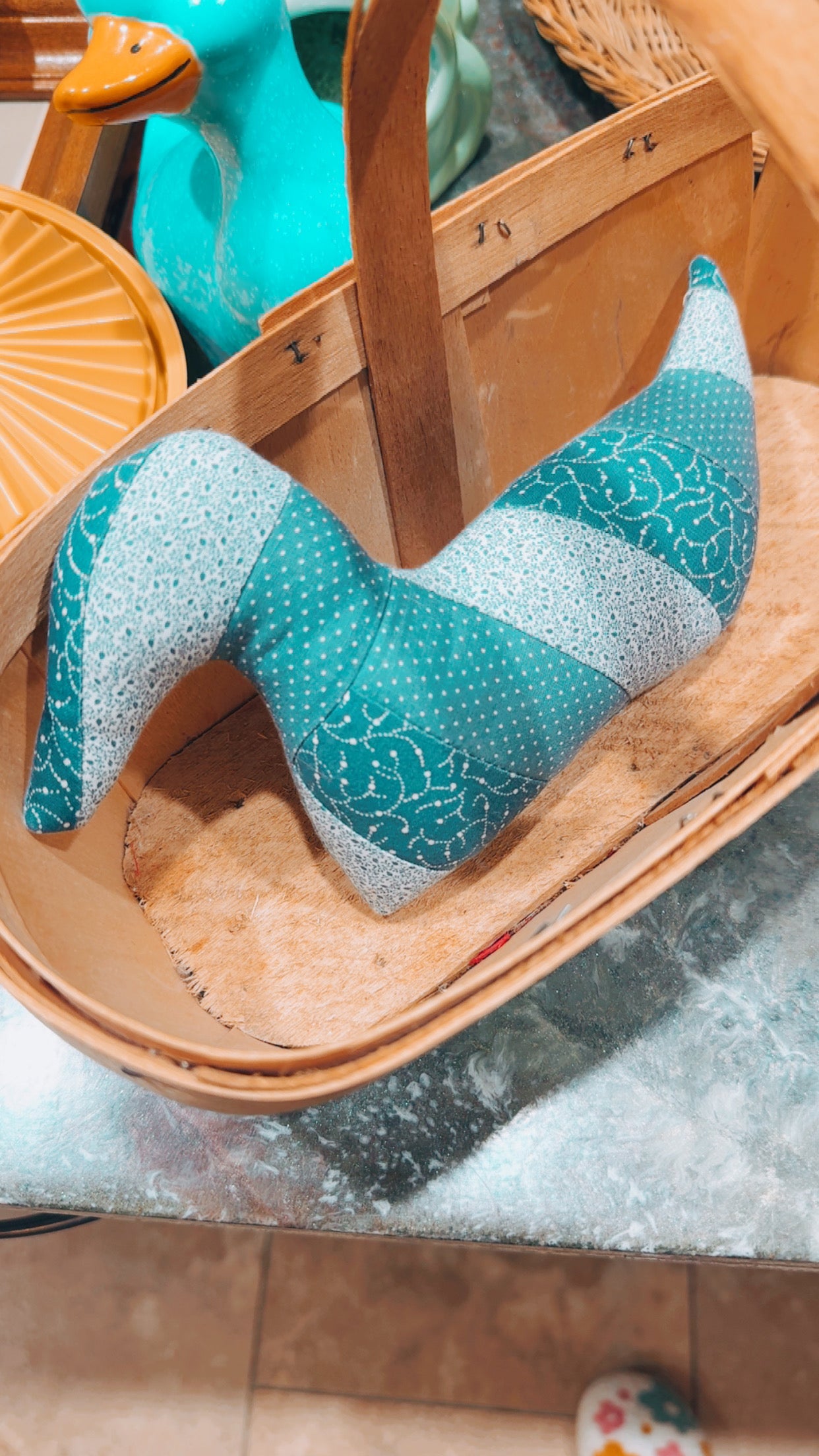 Wooden Duck Basket + Handmade Duck Pillow