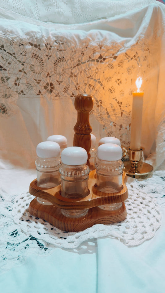 Vintage Wooden Spice Rack Set with Glass Jars