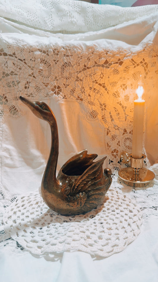 Vintage Brass Swan Planter | Mid Century Hollywood Regency Decor
