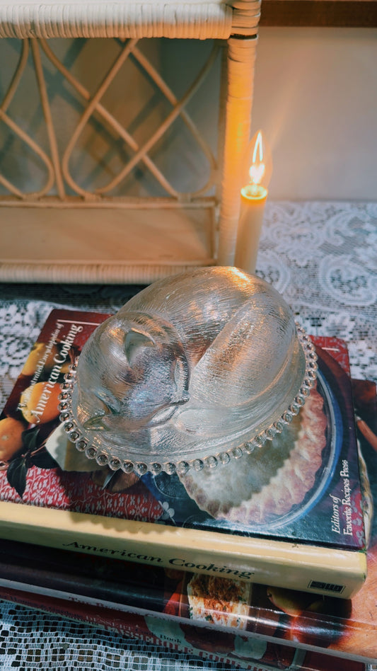 Indiana Glass Cat on Nest Candy Dish | Vintage Frosted Glass Kitten Dish