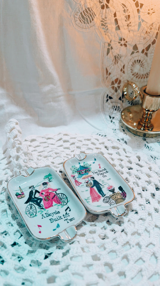Vintage Porcelain Ashtray Set of 2 | “A Bicycle Built for Two” Trinket Dishes