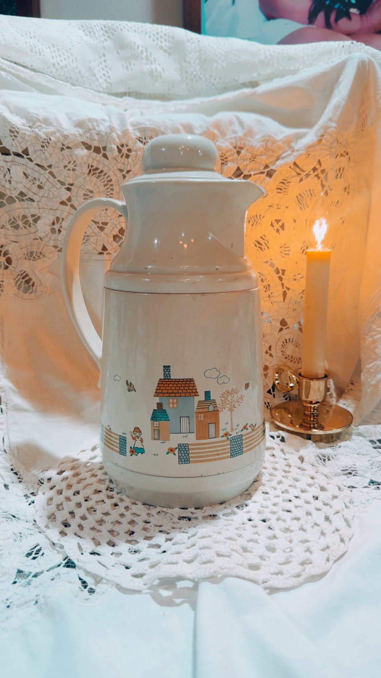 Vintage Ceramic Thermal Pitcher / Carafe – Cottage Scene