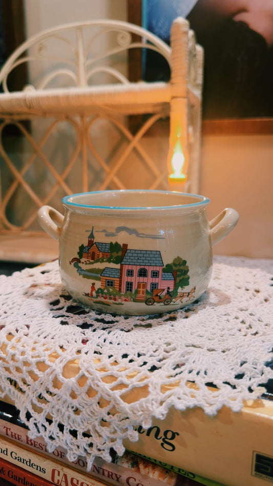 Vintage Cottage Scene Soup Crock | Cozy Country Kitchen Bowl