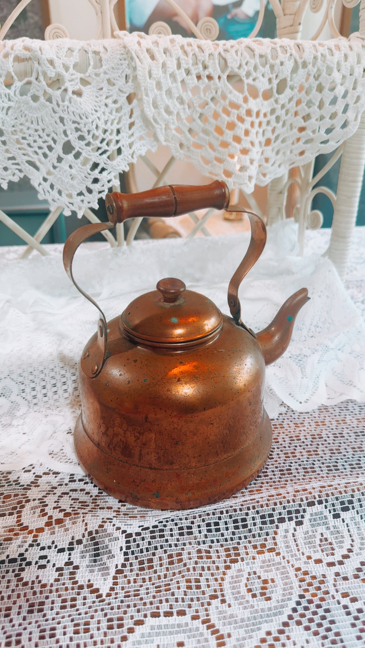 Vintage Copper Tea Kettle with Wooden Handle