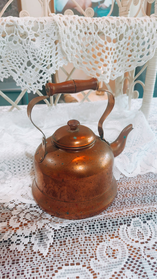 Vintage Copper Tea Kettle with Wooden Handle