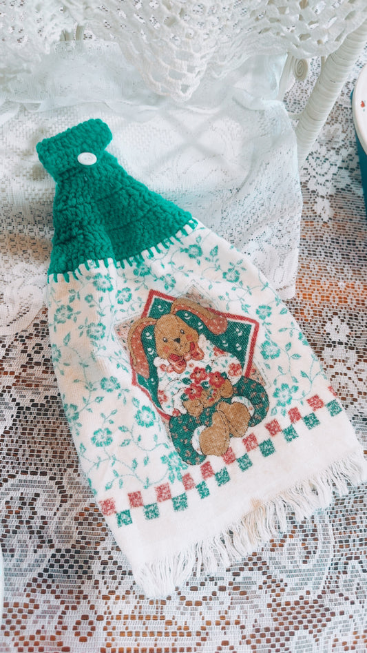 Vintage Bunny Kitchen Hand Towel with Crochet Top